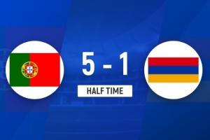 半场-葡萄牙5-1亚美尼亚 内维斯任意球世界波+双响 B费点射破门